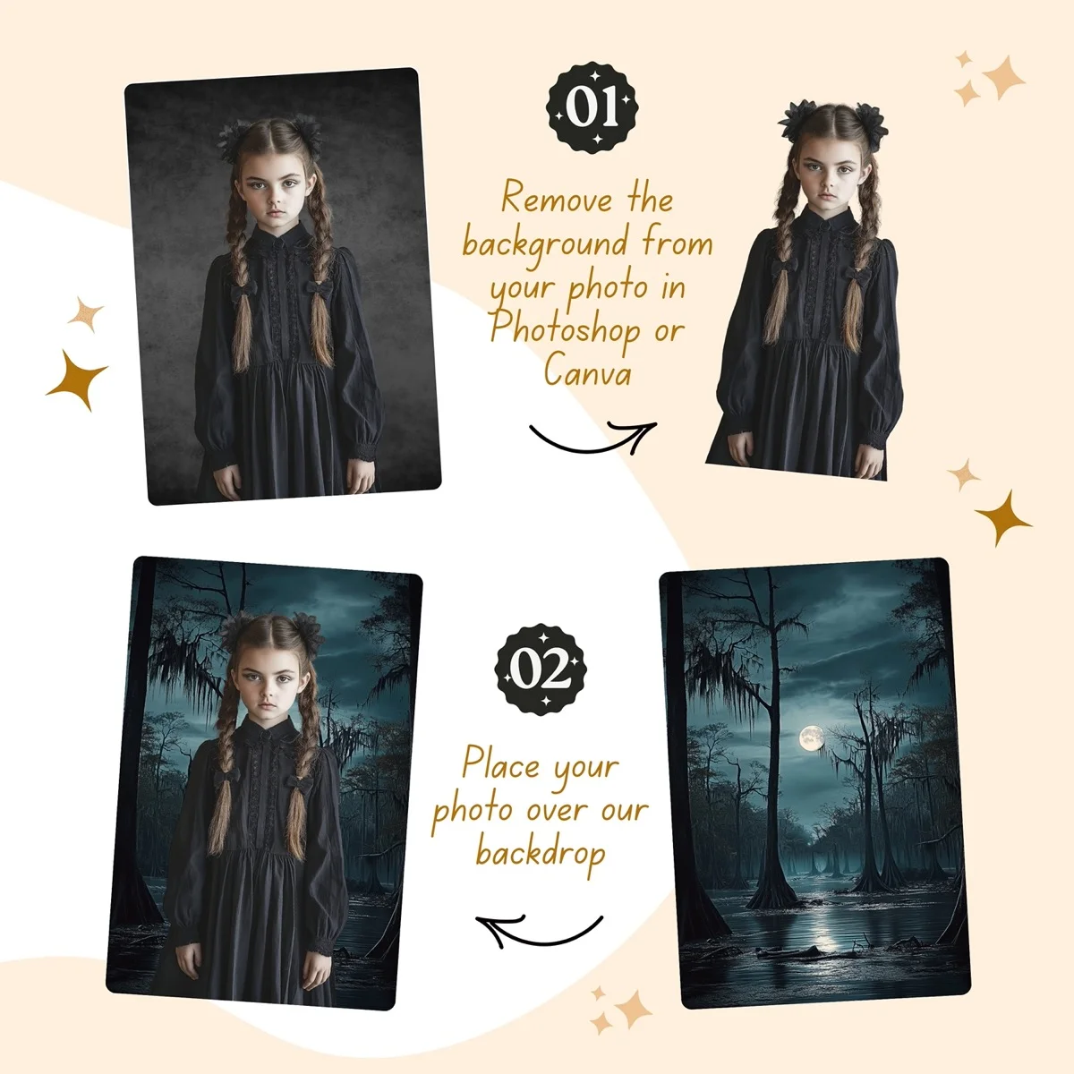 Halloween Backgrounds - Swamp Forest - before and after photo composite example