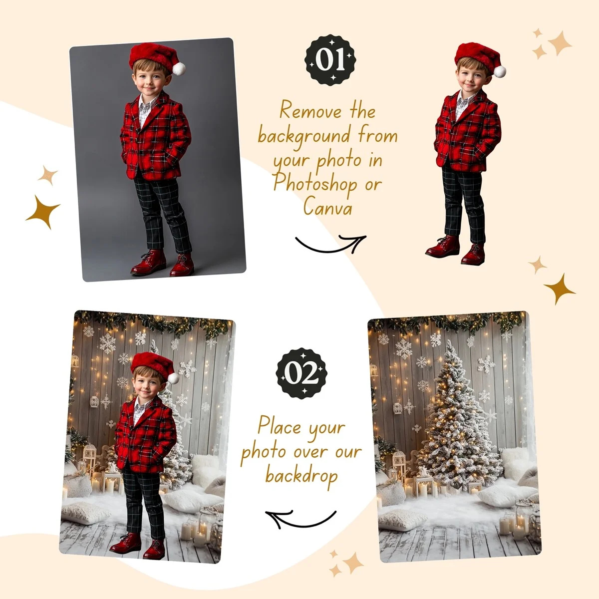 Christmas Backgrounds - Cosy Beige - before and after photo composite example