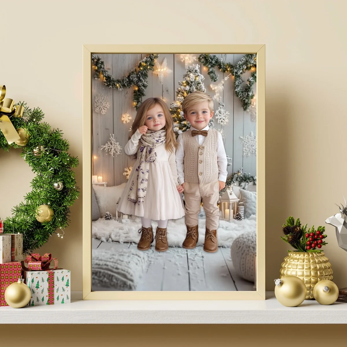 Christmas Backgrounds - Cosy Beige - wall mockup showing backdrop displayed in a real room setting