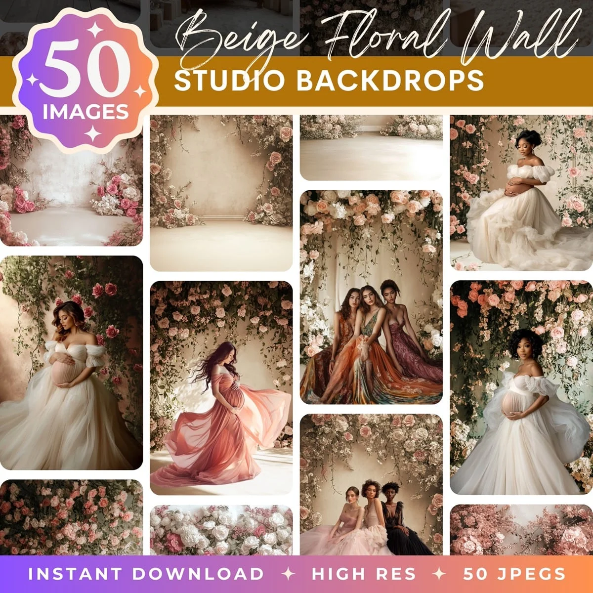 Studio Backgrounds - Beige Floral Wall - pack overview with sample studio backgrounds