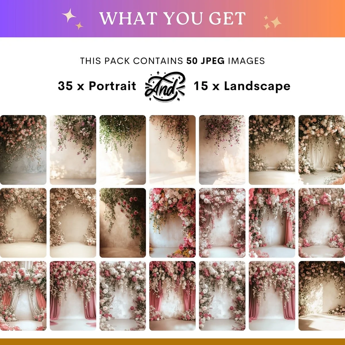 Studio Backgrounds - Beige Floral Wall - what's included: 50 high-resolution backgrounds