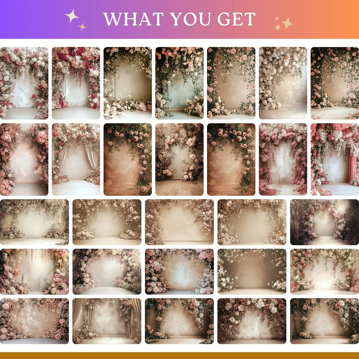 Studio Backgrounds - Beige Floral Wall - full collection grid showing portrait and landscape orientations