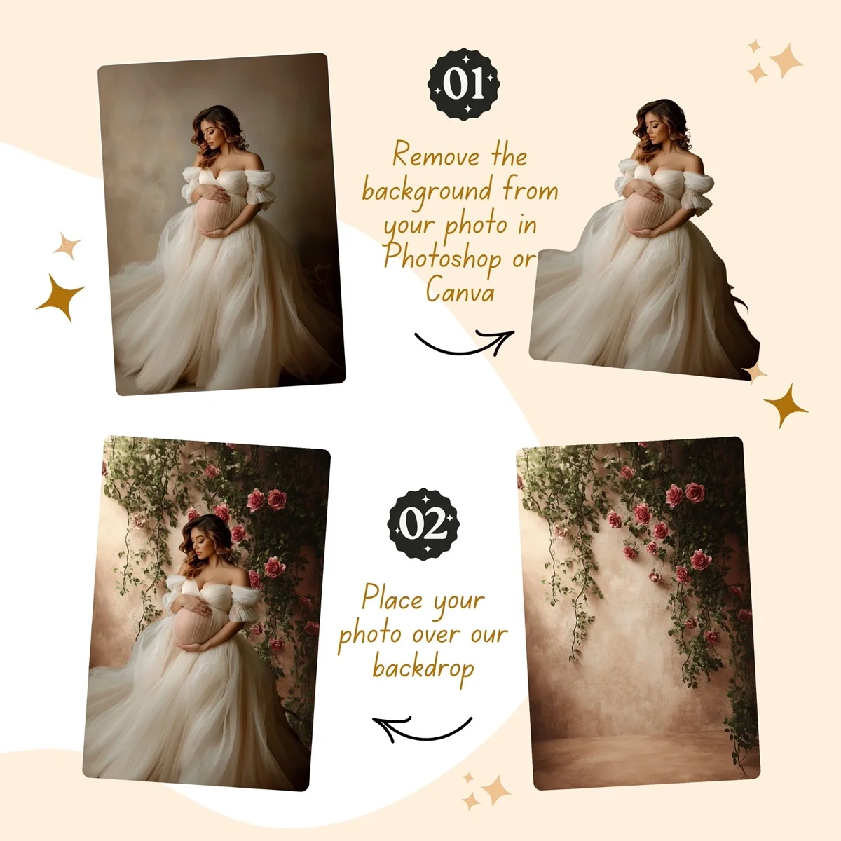 Studio Backgrounds - Beige Floral Wall - before and after photo composite example