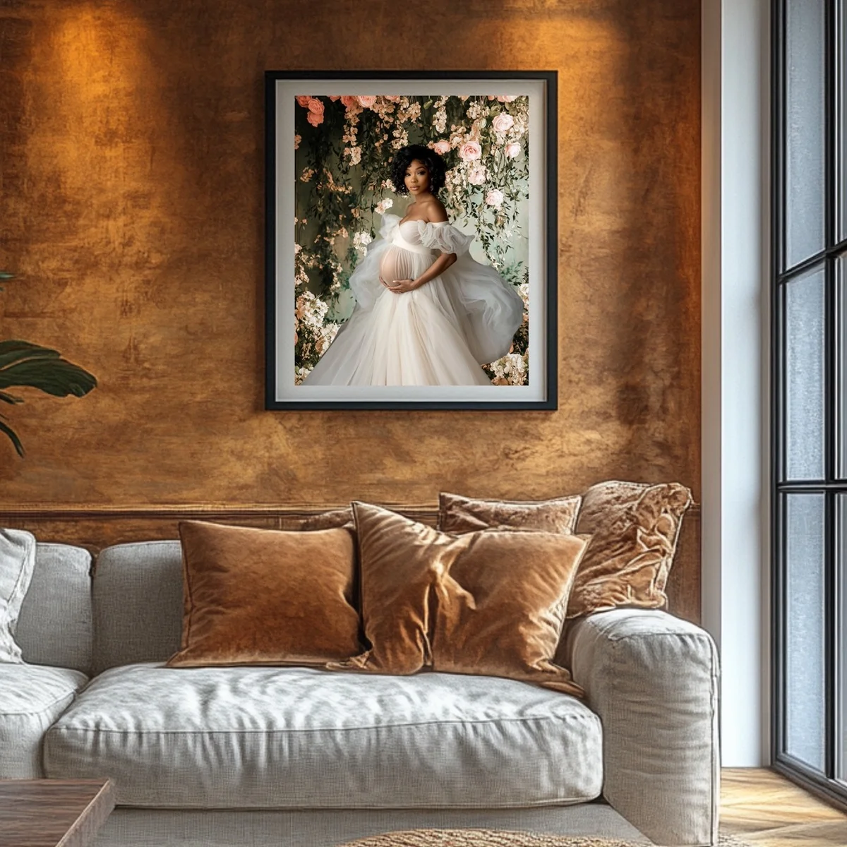 Studio Backgrounds - Beige Floral Wall - wall mockup showing backdrop displayed in a real room setting