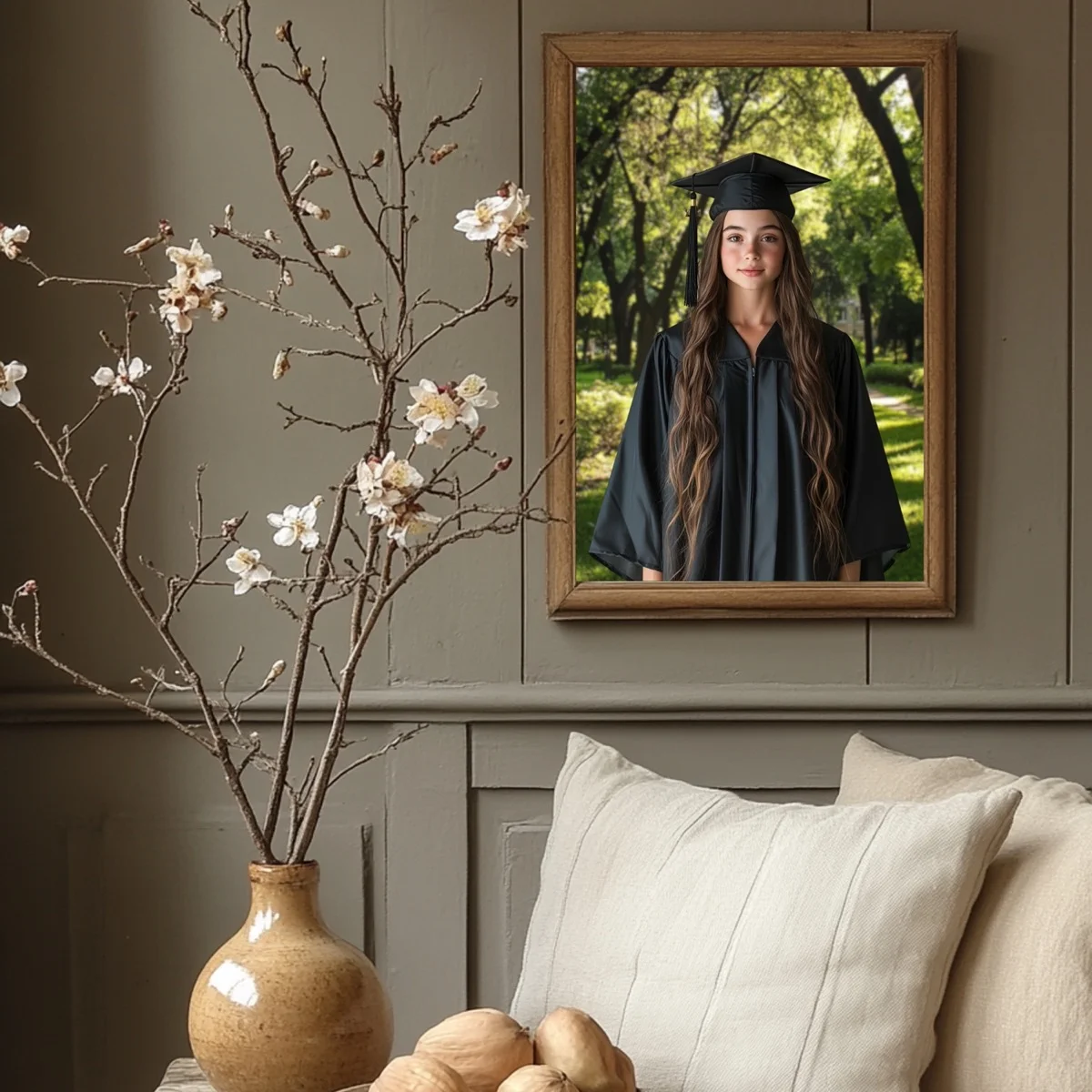 Graduation Backgrounds - Graduation Garden - wall mockup showing backdrop displayed in a real room setting