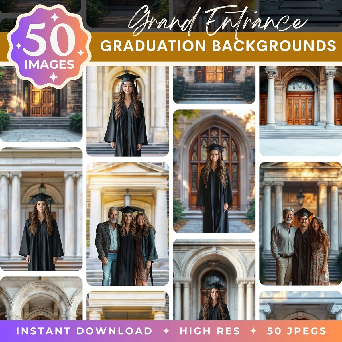 Graduation Backgrounds - Grand Entrance - pack overview with sample graduation backgrounds