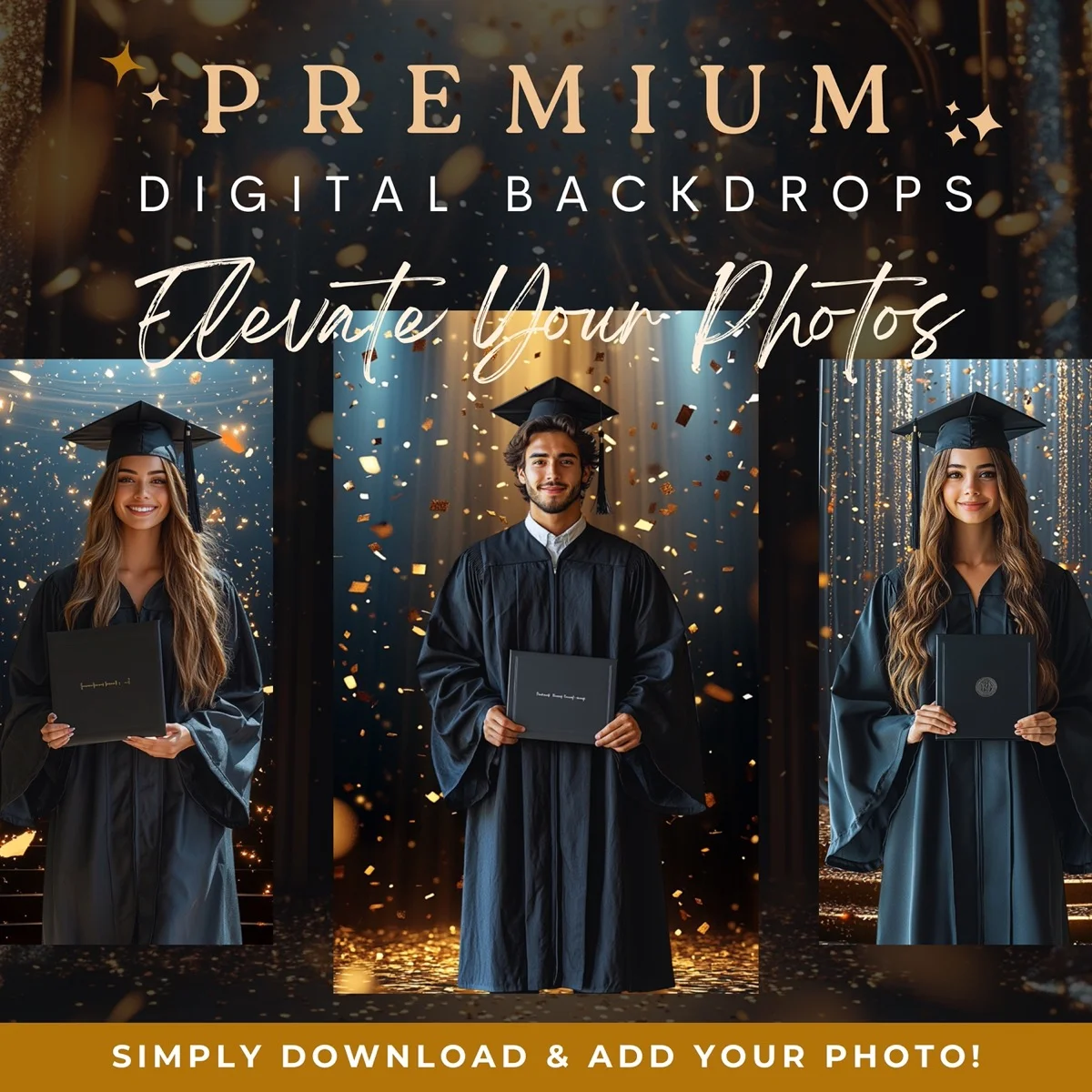 Graduation Backgrounds - Black & Gold Confetti - premium digital backdrop collection preview