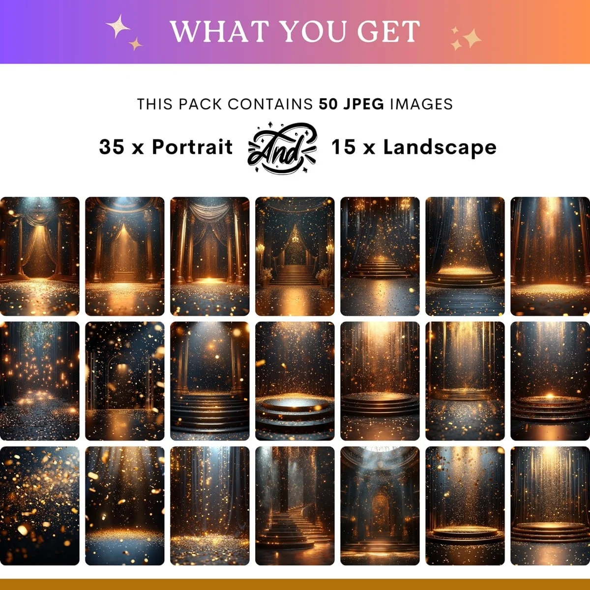 Graduation Backgrounds - Black & Gold Confetti - what's included: 50 high-resolution backgrounds