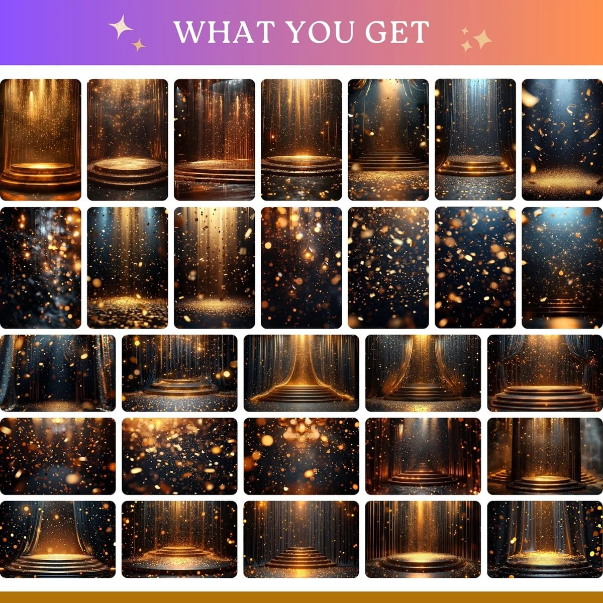 Graduation Backgrounds - Black & Gold Confetti - full collection grid showing portrait and landscape orientations