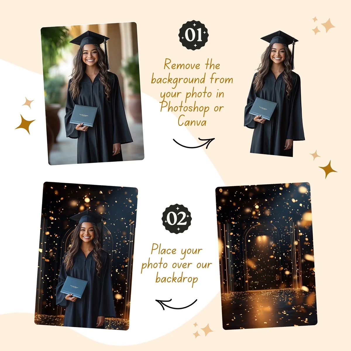 Graduation Backgrounds - Black & Gold Confetti - before and after photo composite example