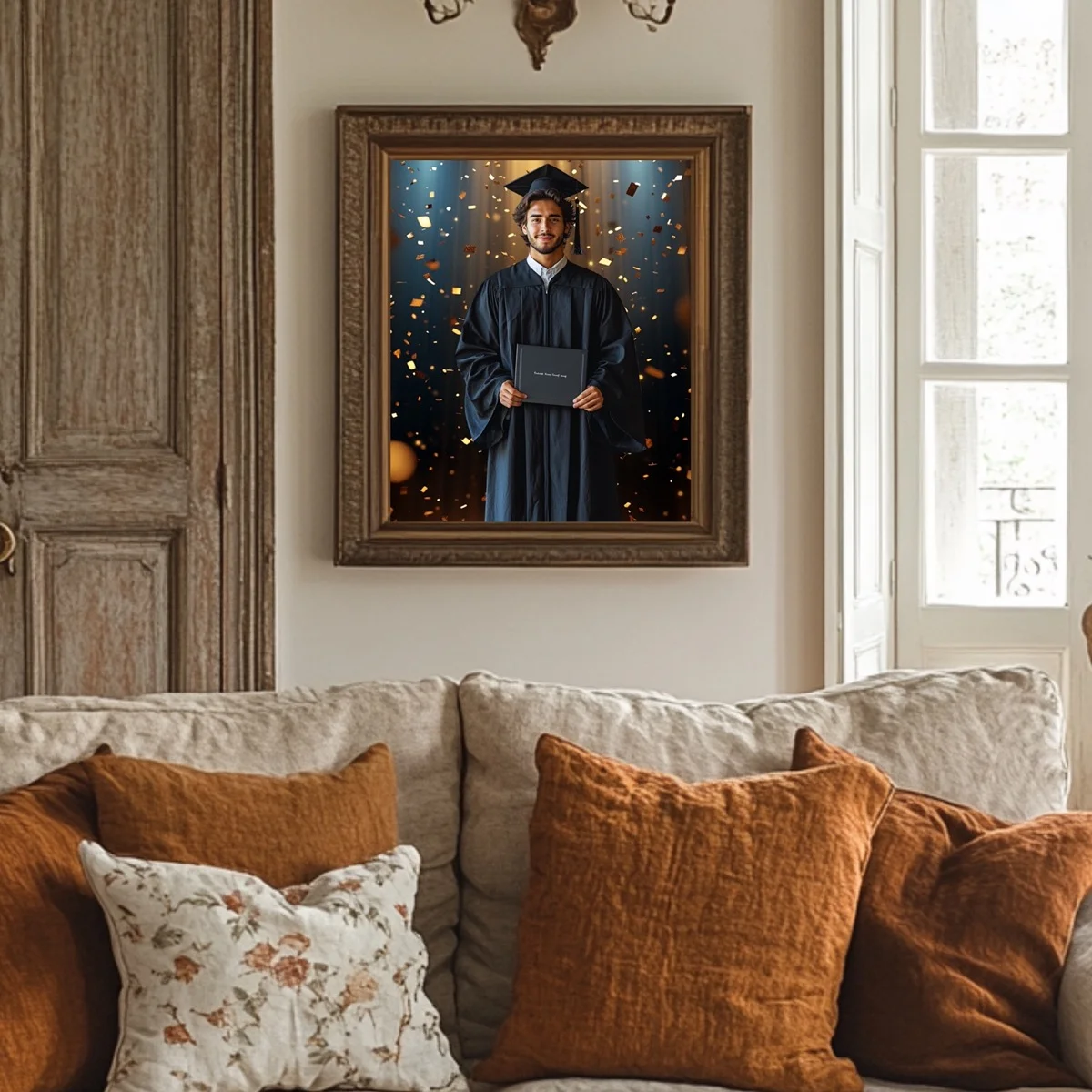 Graduation Backgrounds - Black & Gold Confetti - wall mockup showing backdrop displayed in a real room setting