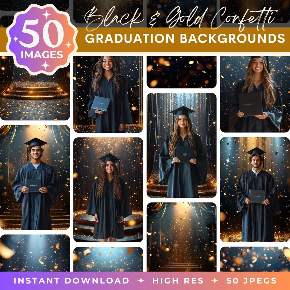 Graduation Backgrounds - Black & Gold Confetti