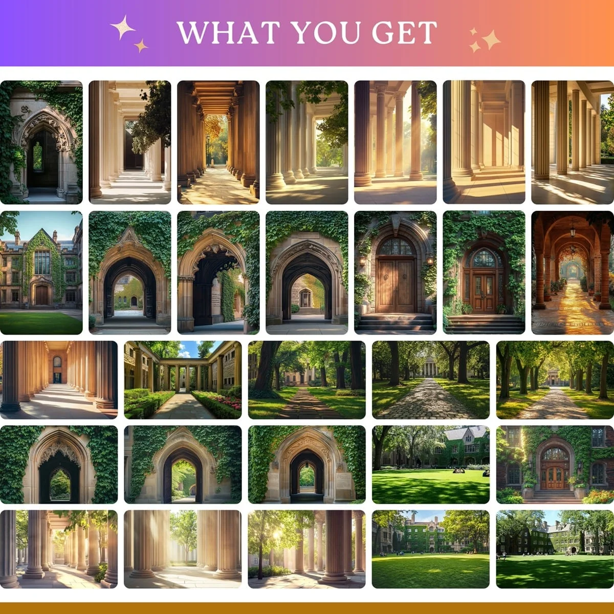 Graduation Backgrounds - Classic Ivy League - full collection grid showing portrait and landscape orientations