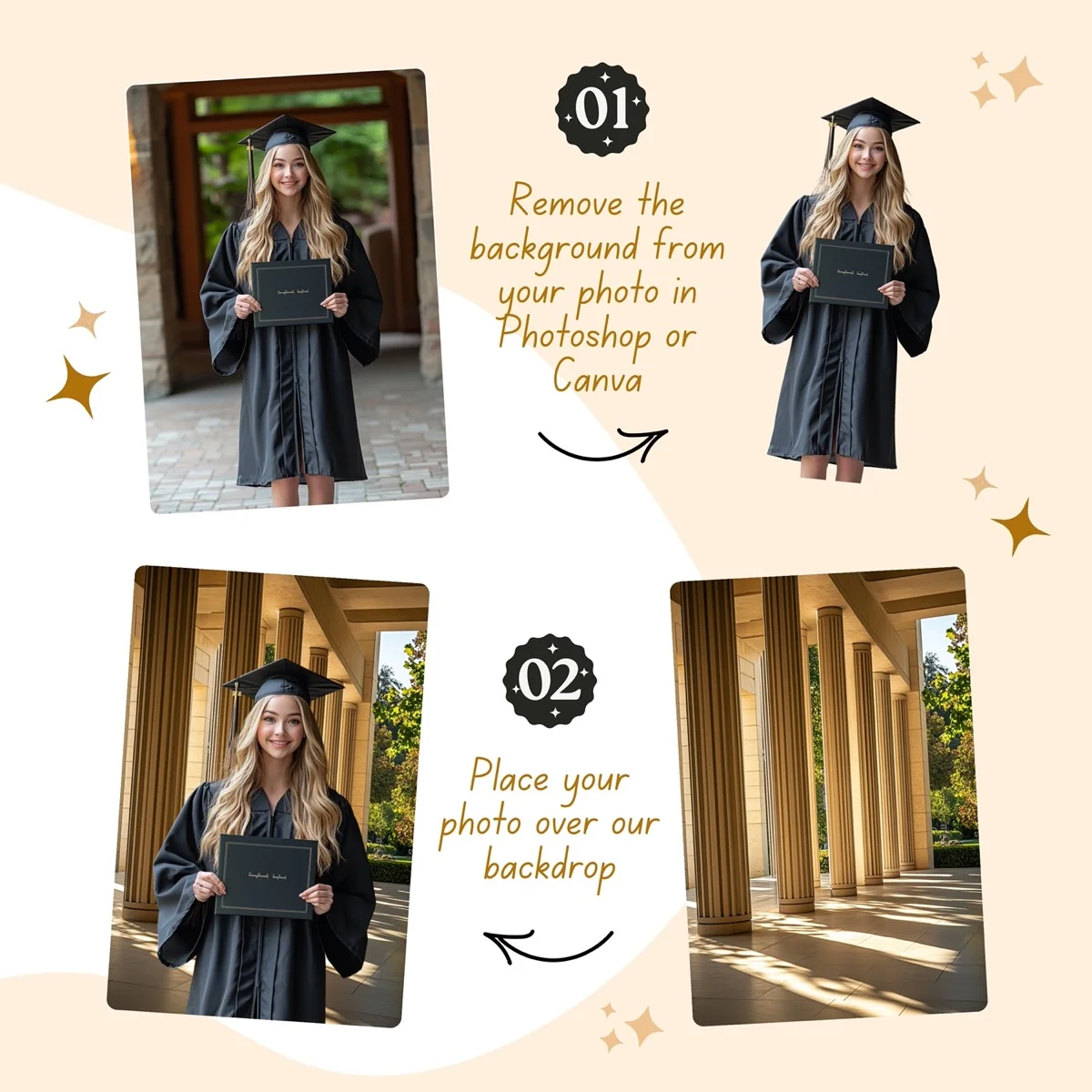 Graduation Backgrounds - Classic Ivy League - before and after photo composite example