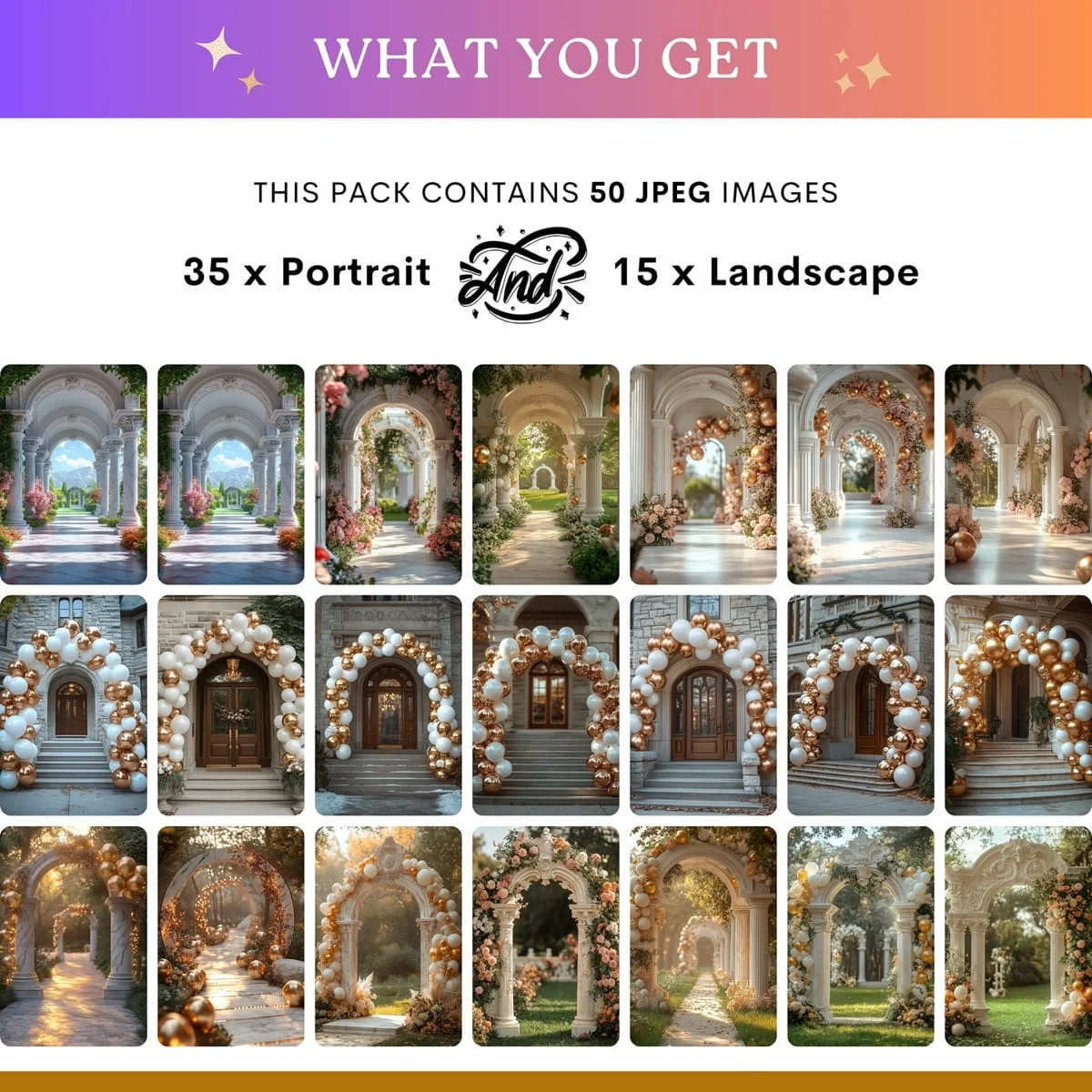 Graduation Backgrounds - White Marble Arch - what's included: 50 high-resolution backgrounds