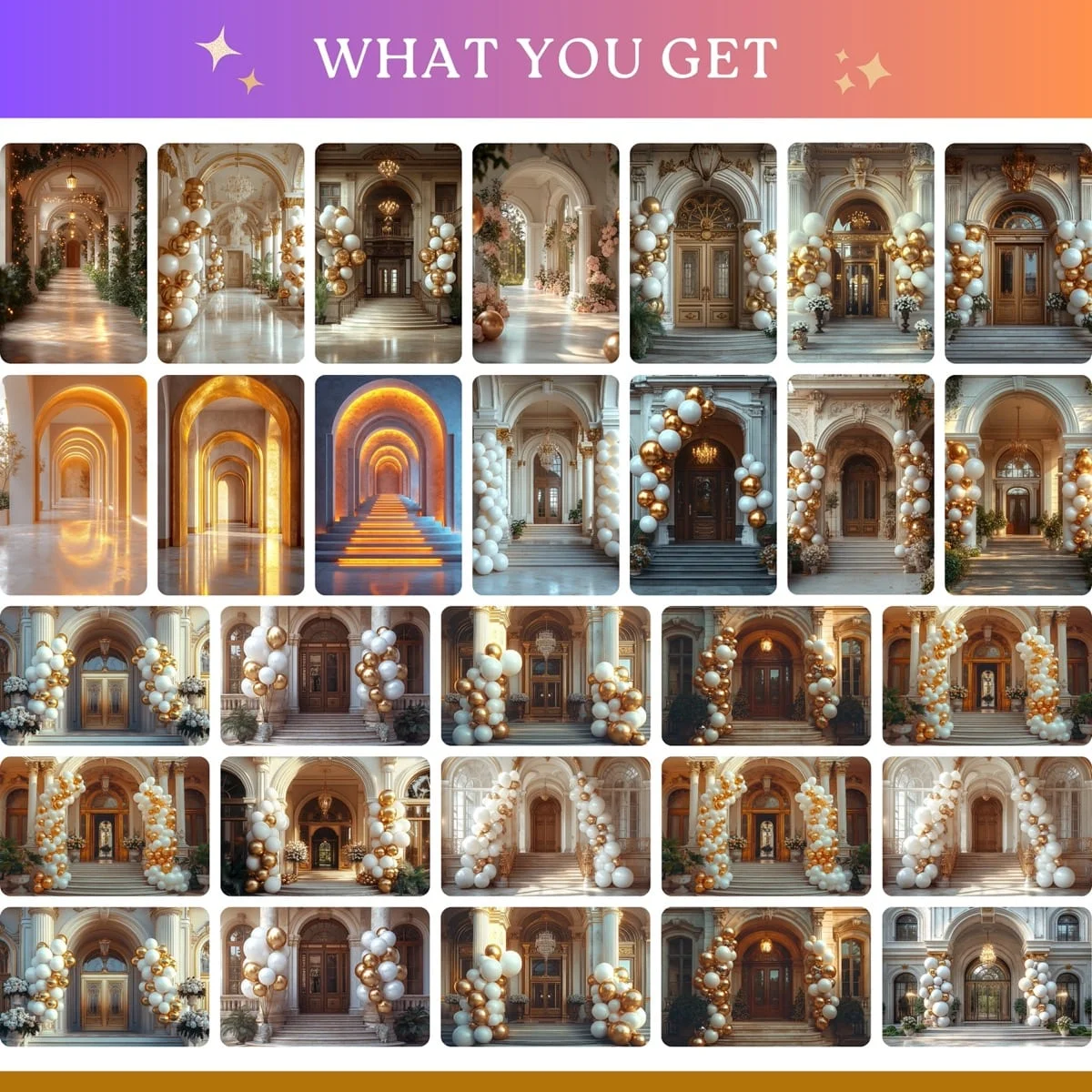 Graduation Backgrounds - White Marble Arch - full collection grid showing portrait and landscape orientations