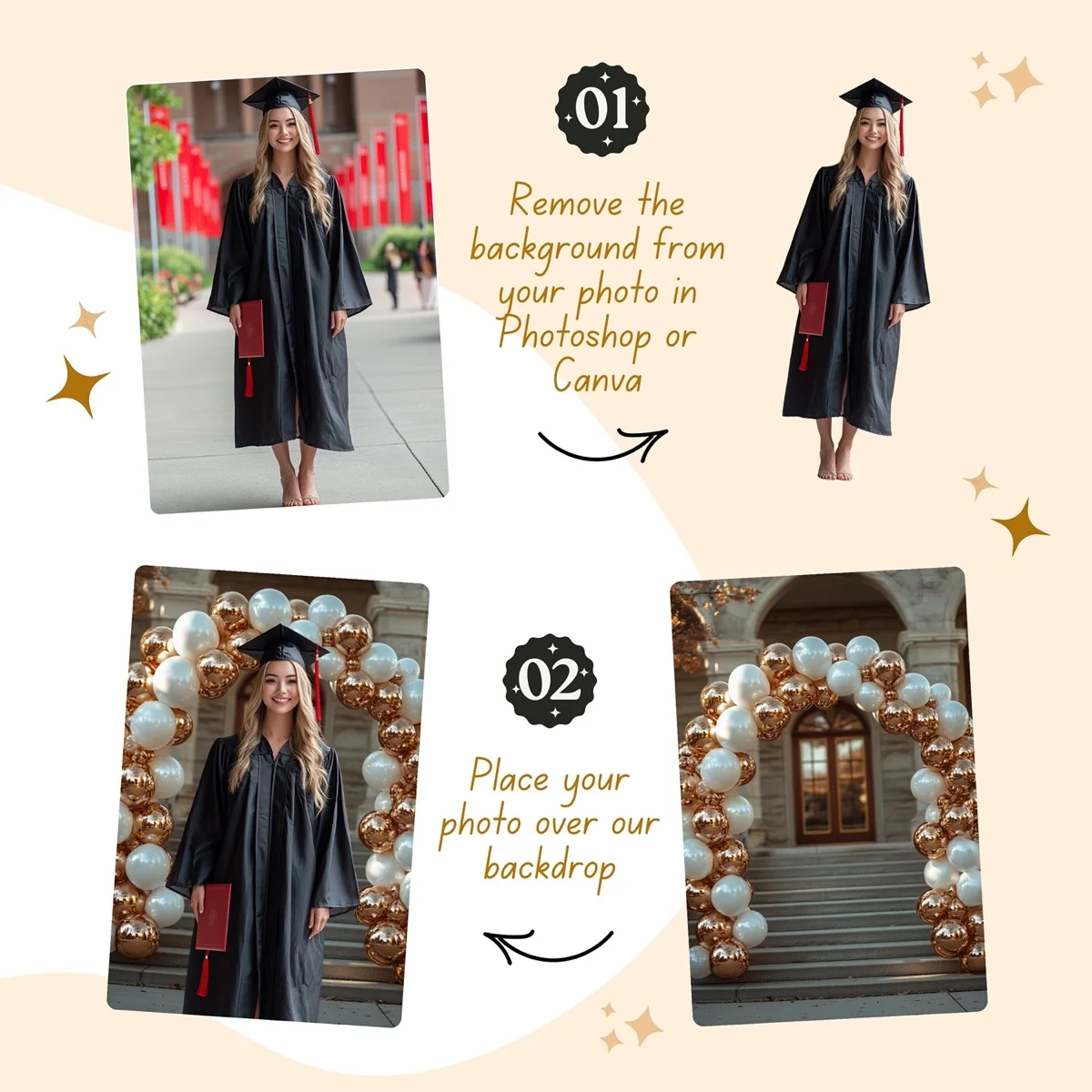Graduation Backgrounds - White Marble Arch - before and after photo composite example