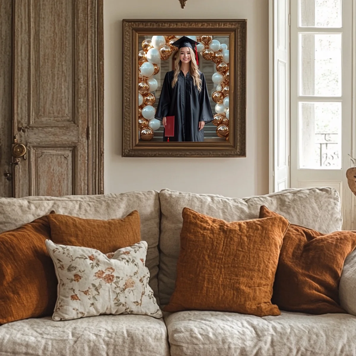 Graduation Backgrounds - White Marble Arch - wall mockup showing backdrop displayed in a real room setting