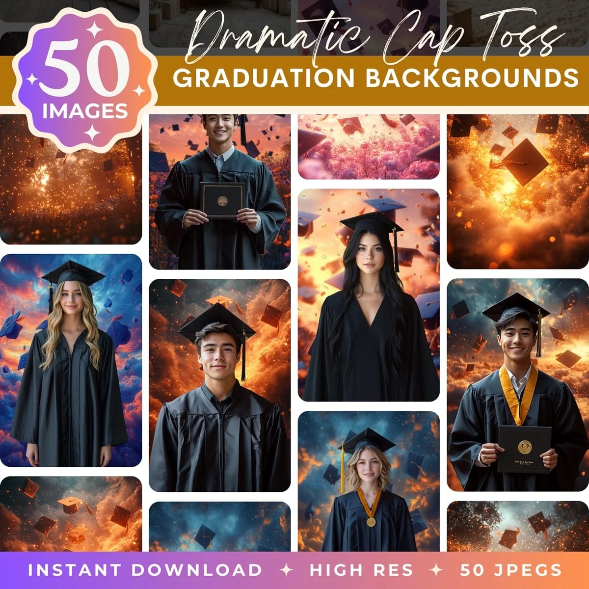 Graduation Backgrounds - Dramatic Cap Toss - pack overview with sample graduation backgrounds