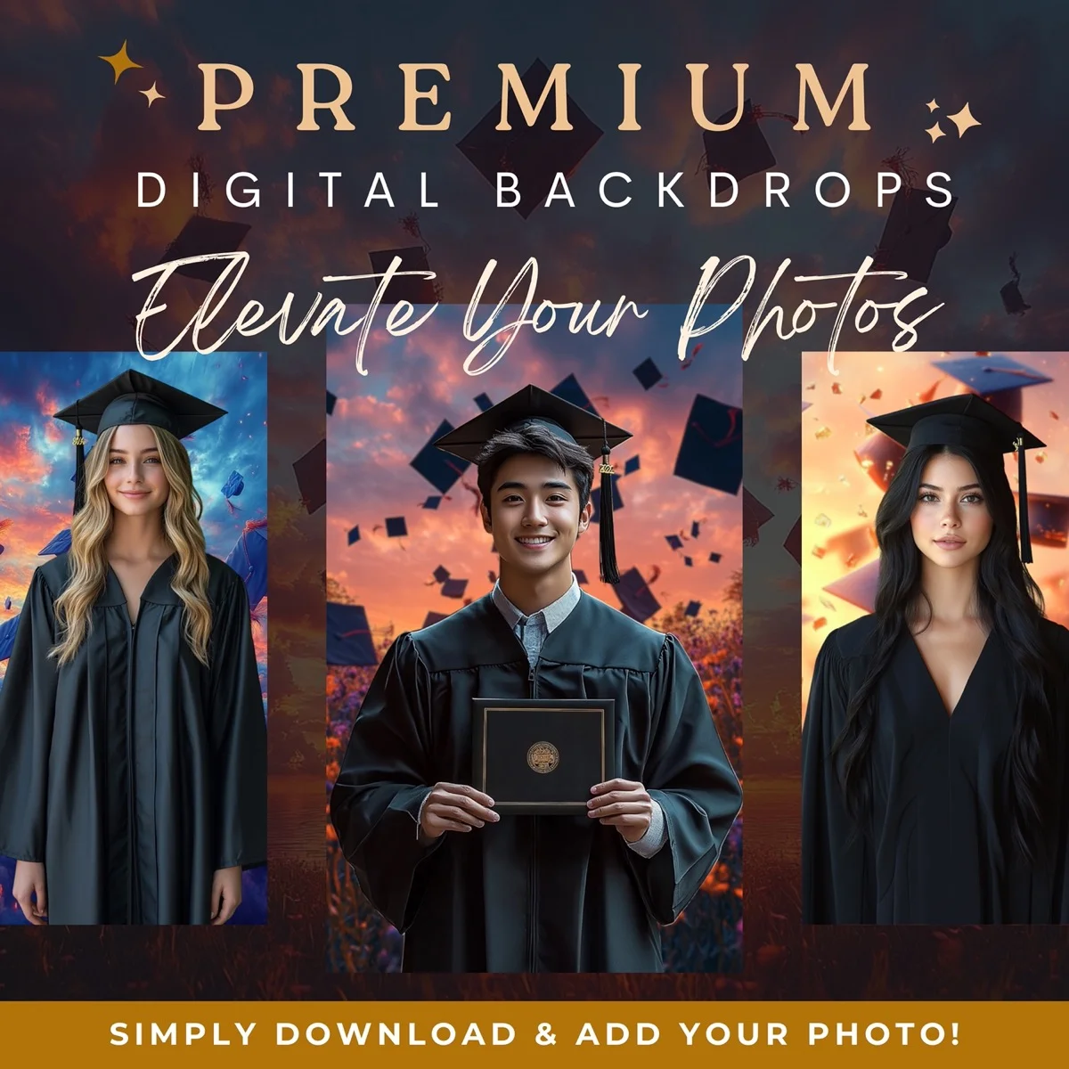Graduation Backgrounds - Dramatic Cap Toss - premium digital backdrop collection preview