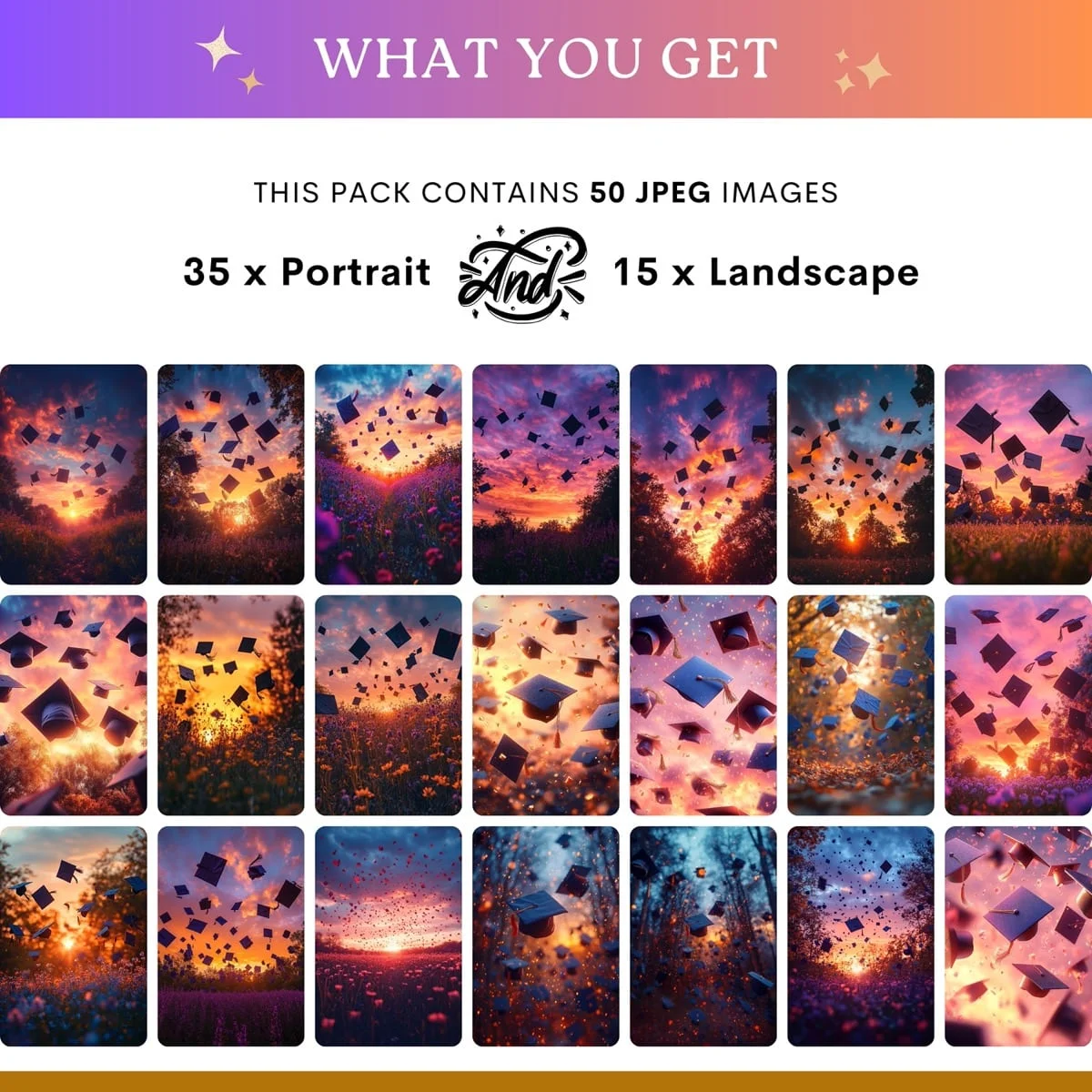 Graduation Backgrounds - Dramatic Cap Toss - what's included: 50 high-resolution backgrounds