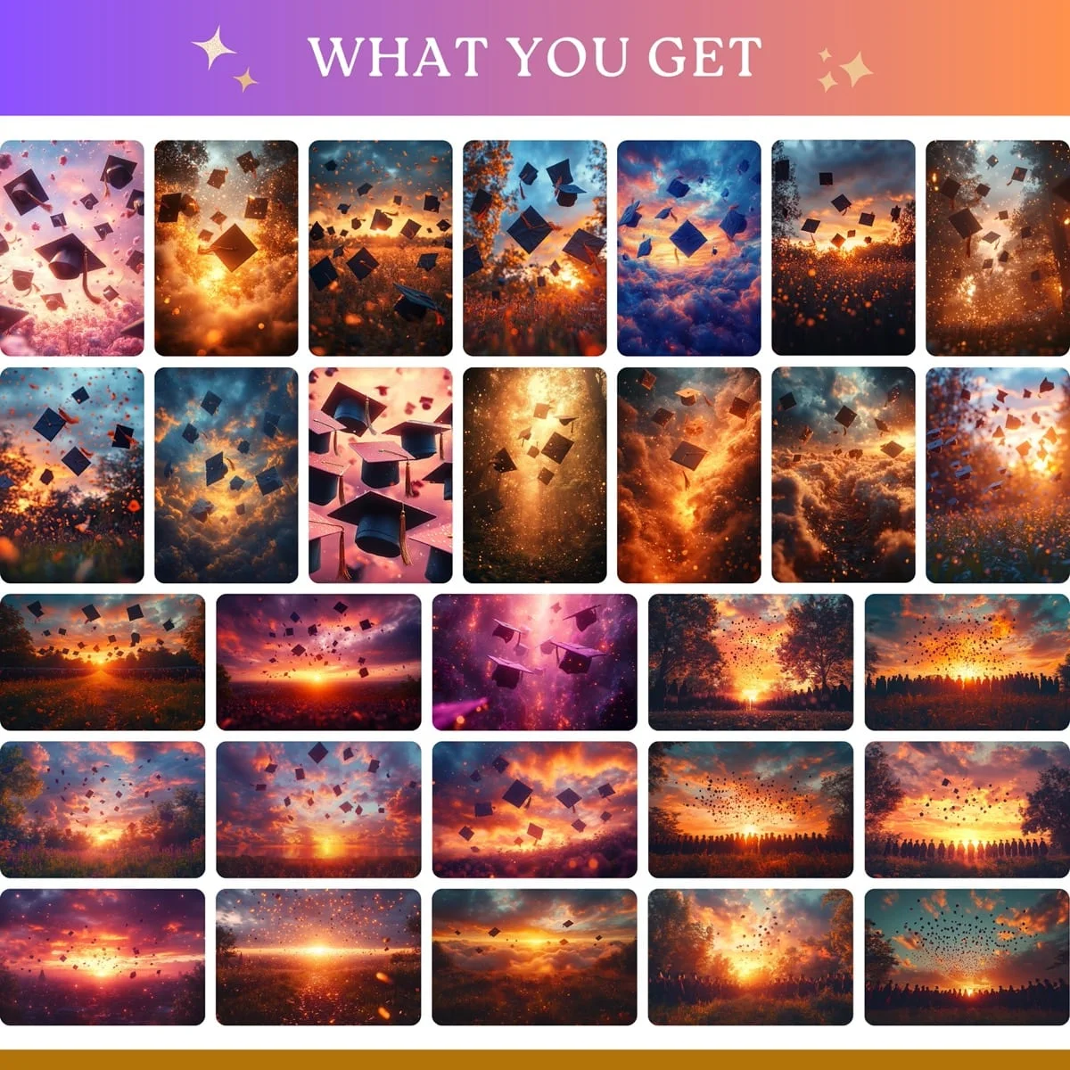 Graduation Backgrounds - Dramatic Cap Toss - full collection grid showing portrait and landscape orientations