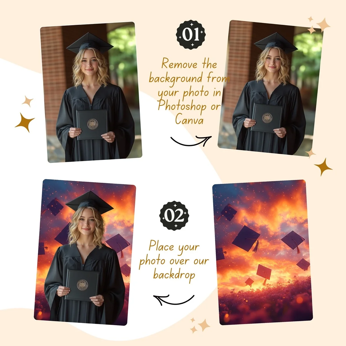 Graduation Backgrounds - Dramatic Cap Toss - before and after photo composite example