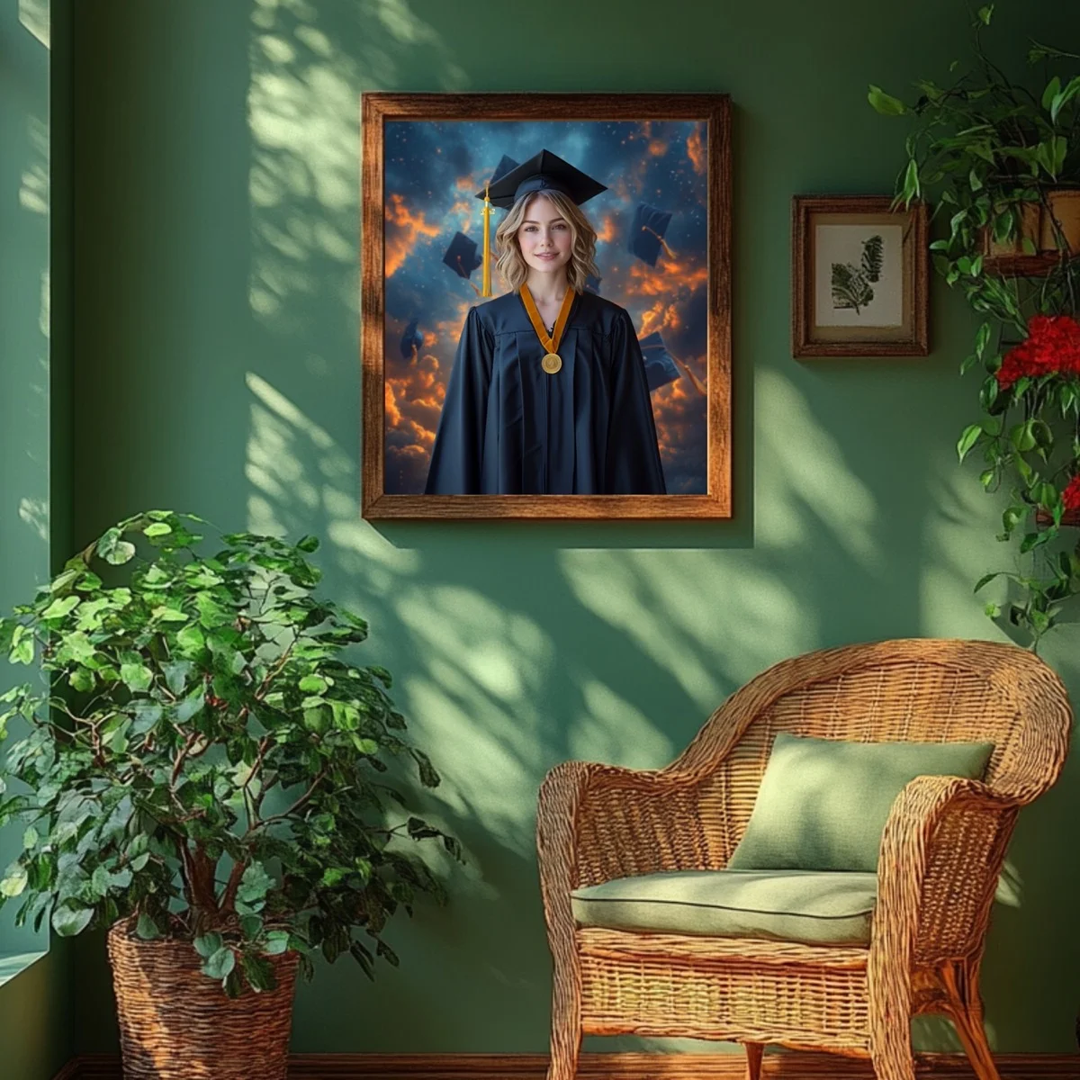 Graduation Backgrounds - Dramatic Cap Toss - wall mockup showing backdrop displayed in a real room setting