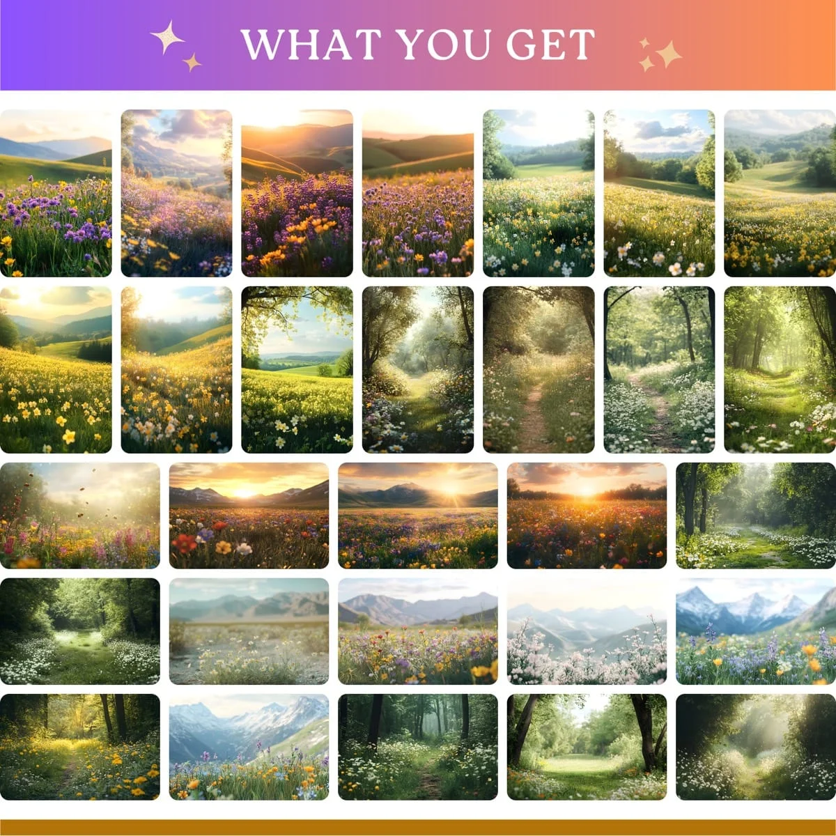 Springtime Backgrounds - Wildflower Meadow - full collection grid showing portrait and landscape orientations