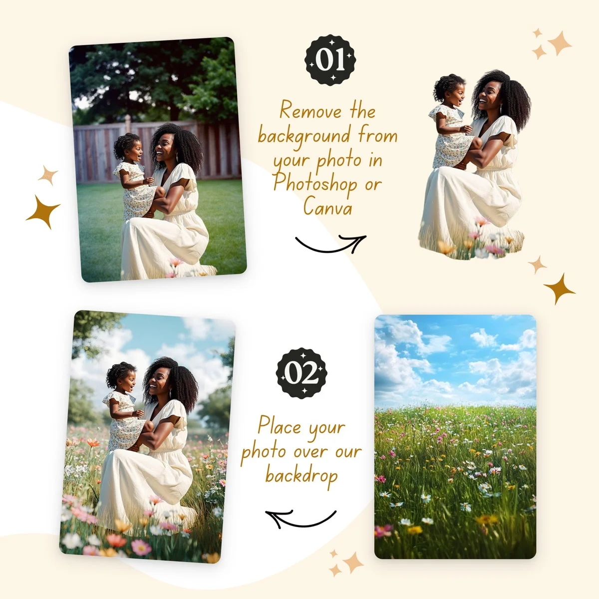 Springtime Backgrounds - Wildflower Meadow - before and after photo composite example