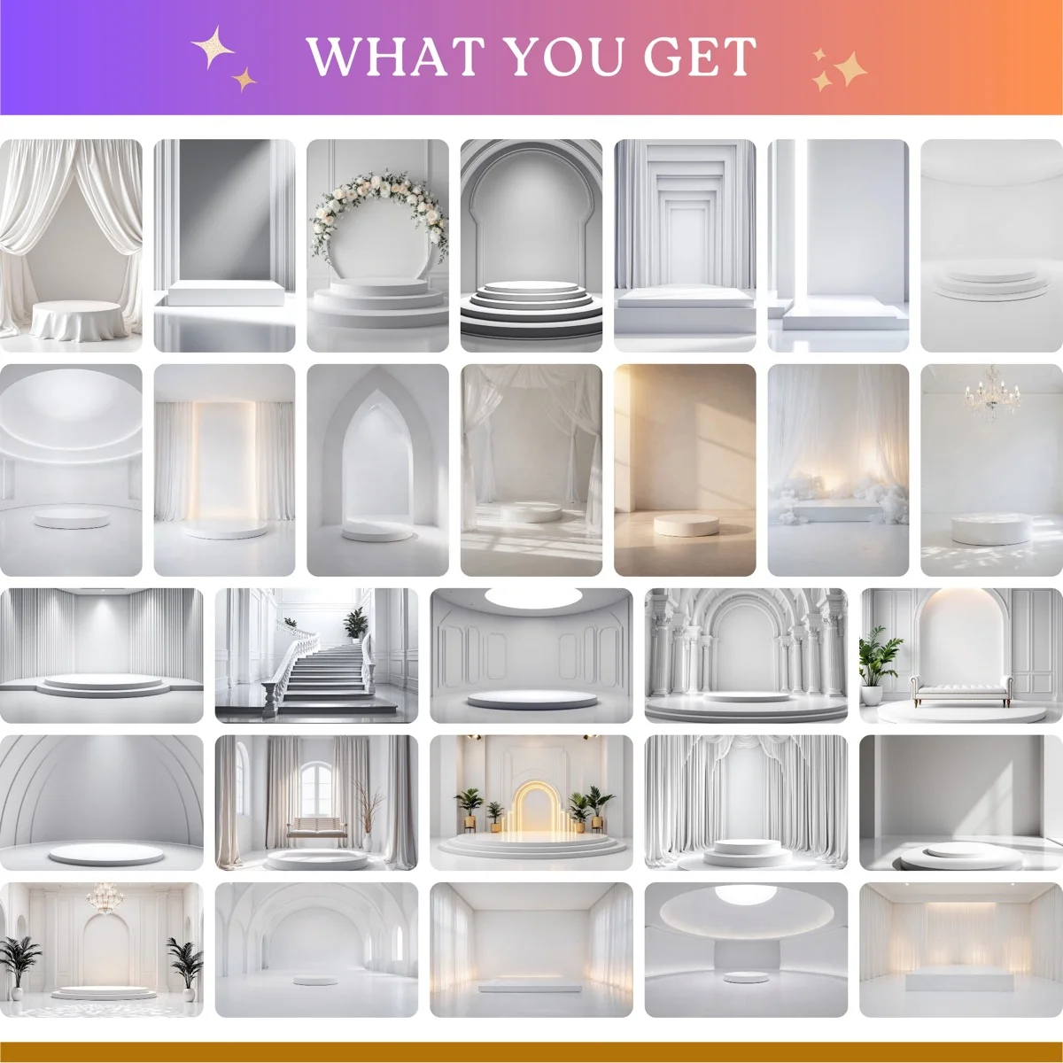 Maternity Backgrounds - White Podiums - full collection grid showing portrait and landscape orientations