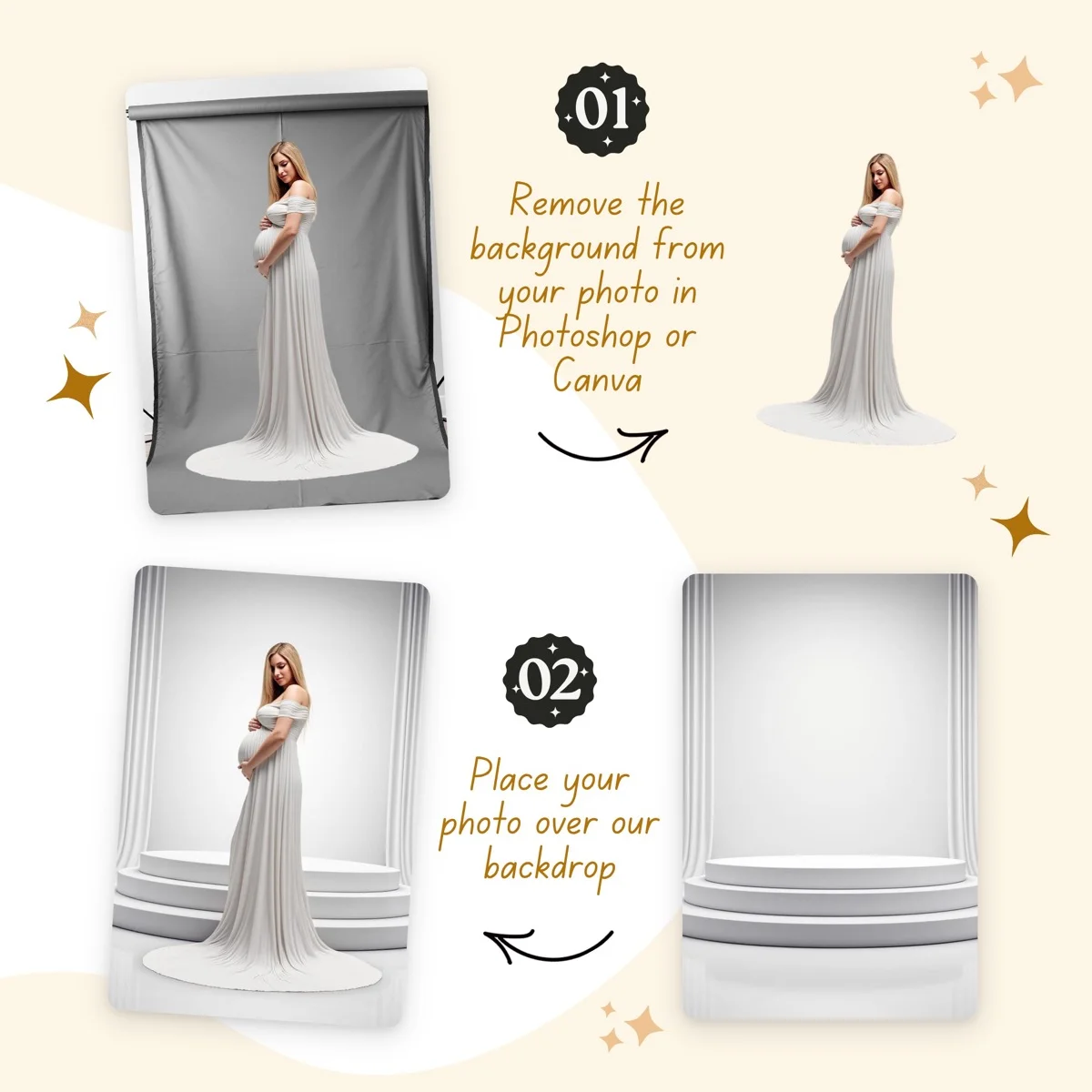 Maternity Backgrounds - White Podiums - before and after photo composite example