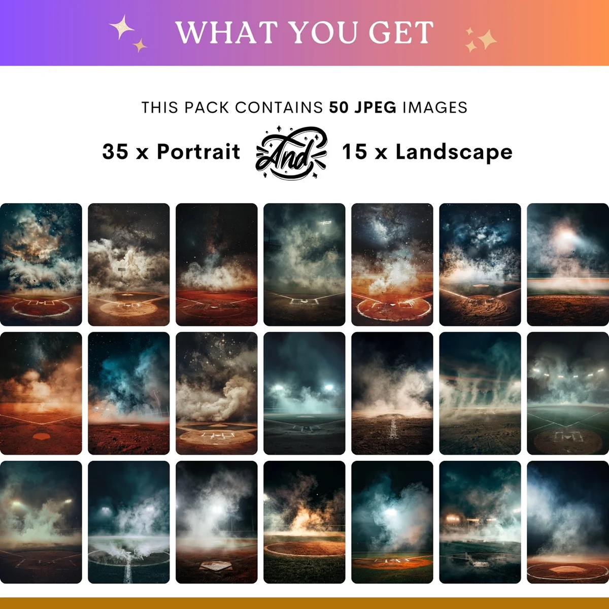 Baseball Backgrounds - Stadium at Night - what's included: 50 high-resolution backgrounds