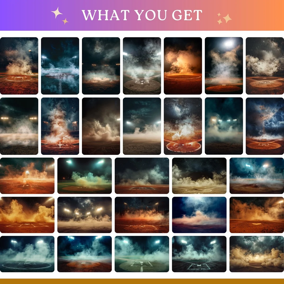 Baseball Backgrounds - Stadium at Night - full collection grid showing portrait and landscape orientations