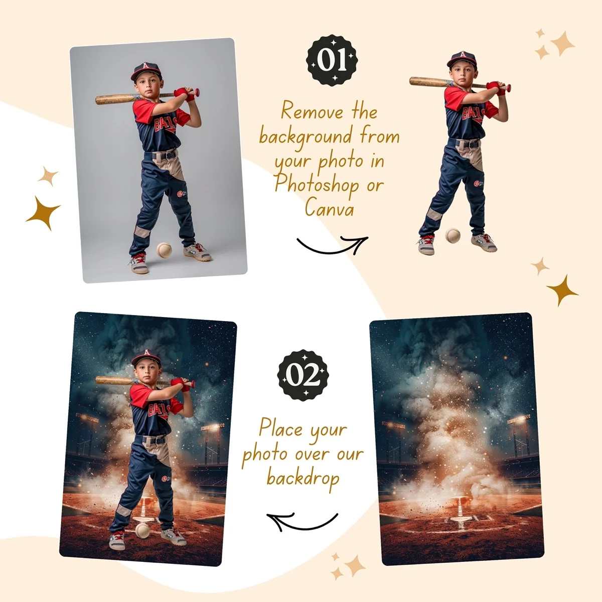 Baseball Backgrounds - Stadium at Night - before and after photo composite example