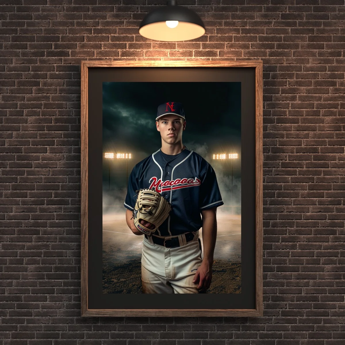 Baseball Backgrounds - Stadium at Night - wall mockup showing backdrop displayed in a real room setting