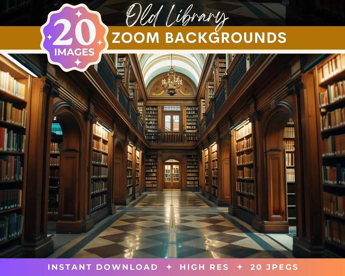 Zoom Backgrounds - Old Library - pack overview with sample zoom backgrounds