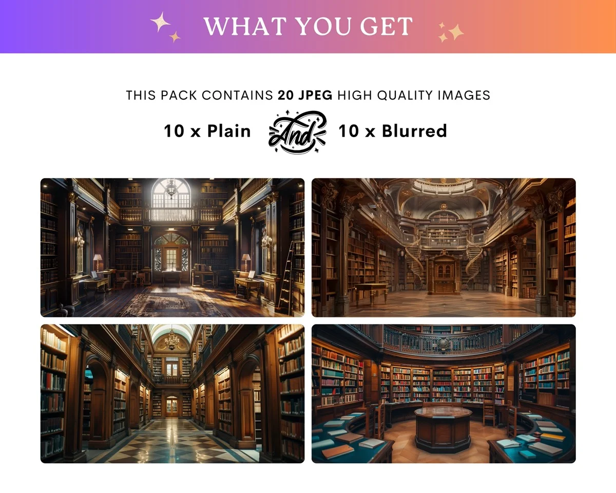 Zoom Backgrounds - Old Library - full collection grid showing portrait and landscape orientations