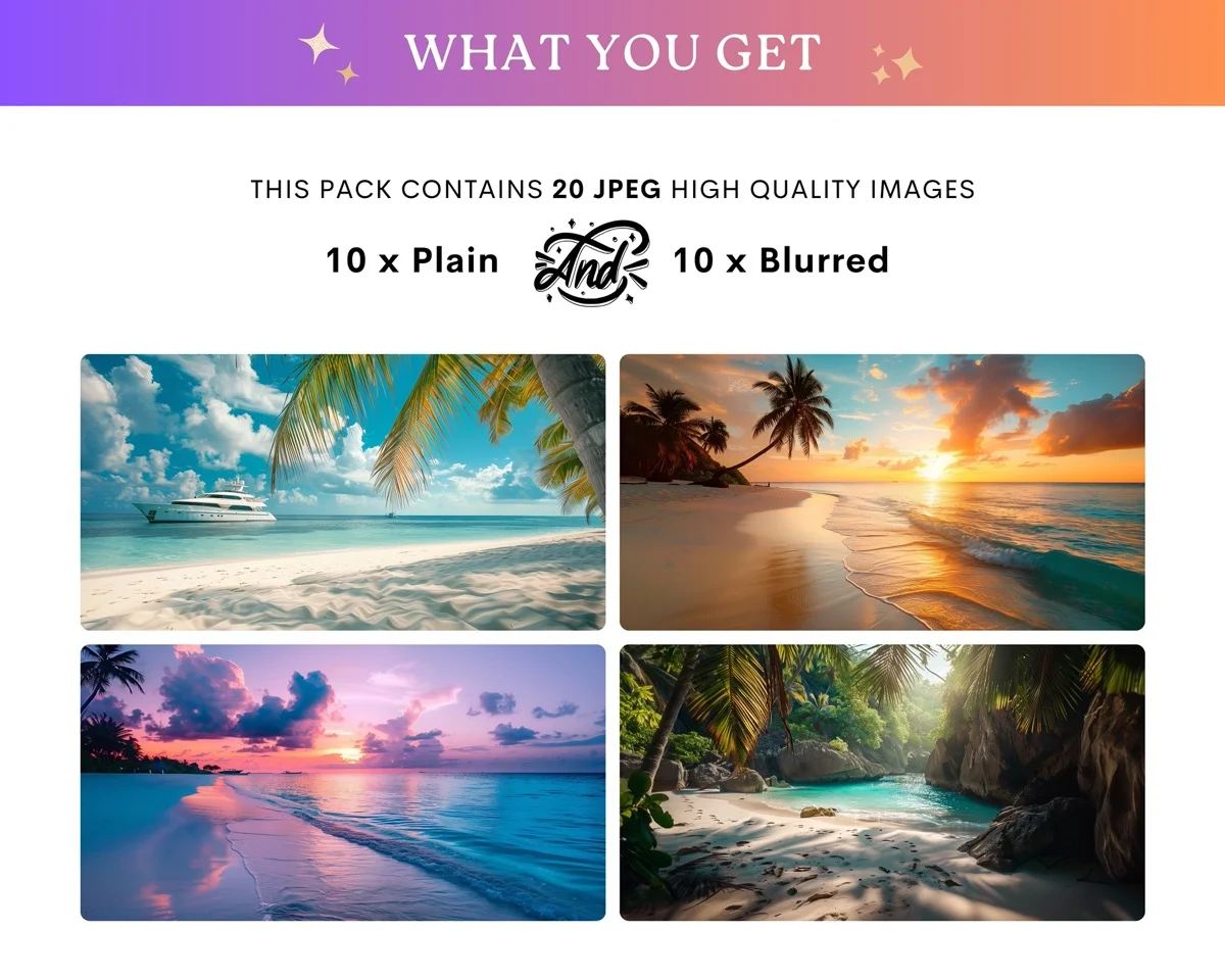 Zoom Backgrounds - Beach - full collection grid showing portrait and landscape orientations