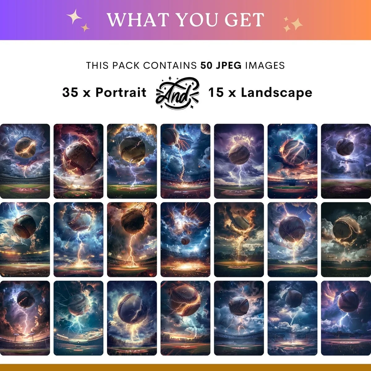 Baseball Backgrounds - Lightning - what's included: 50 high-resolution backgrounds