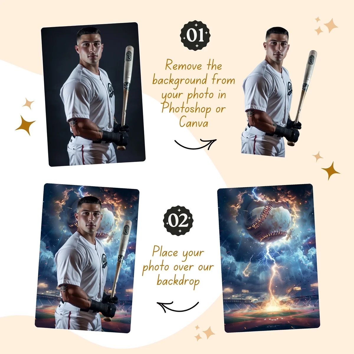 Baseball Backgrounds - Lightning - before and after photo composite example