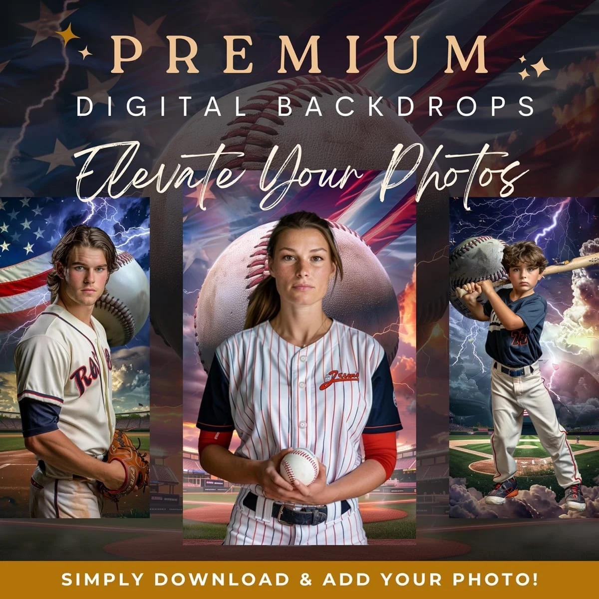 Baseball Backgrounds - Lighting Flag - premium digital backdrop collection preview