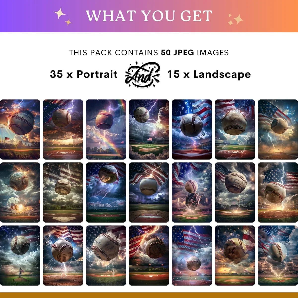 Baseball Backgrounds - Lighting Flag - what's included: 50 high-resolution backgrounds