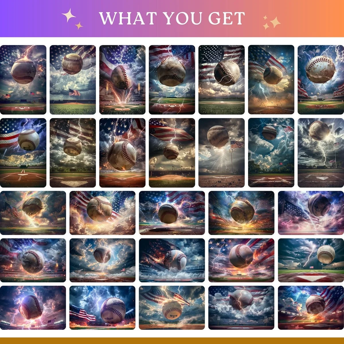 Baseball Backgrounds - Lighting Flag - full collection grid showing portrait and landscape orientations