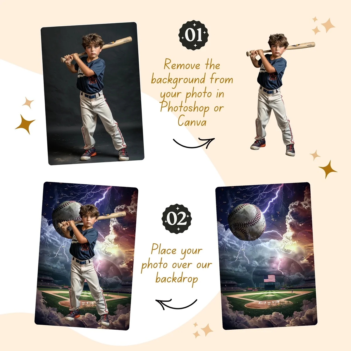 Baseball Backgrounds - Lighting Flag - before and after photo composite example