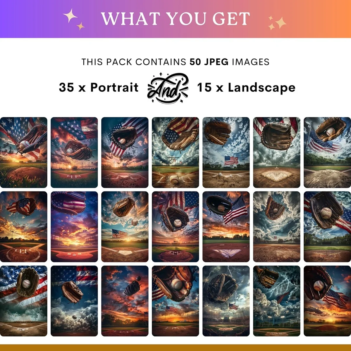 Baseball Backgrounds - Glove & US Flag - what's included: 50 high-resolution backgrounds