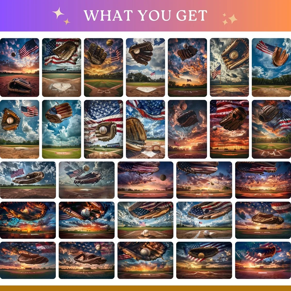 Baseball Backgrounds - Glove & US Flag - full collection grid showing portrait and landscape orientations