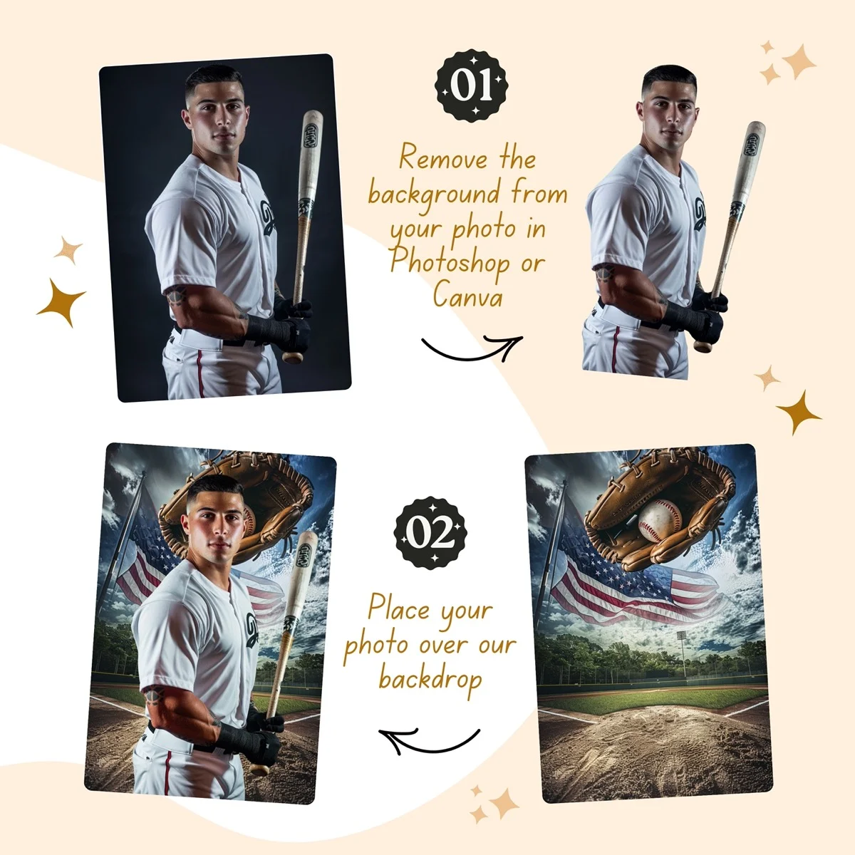 Baseball Backgrounds - Glove & US Flag - before and after photo composite example