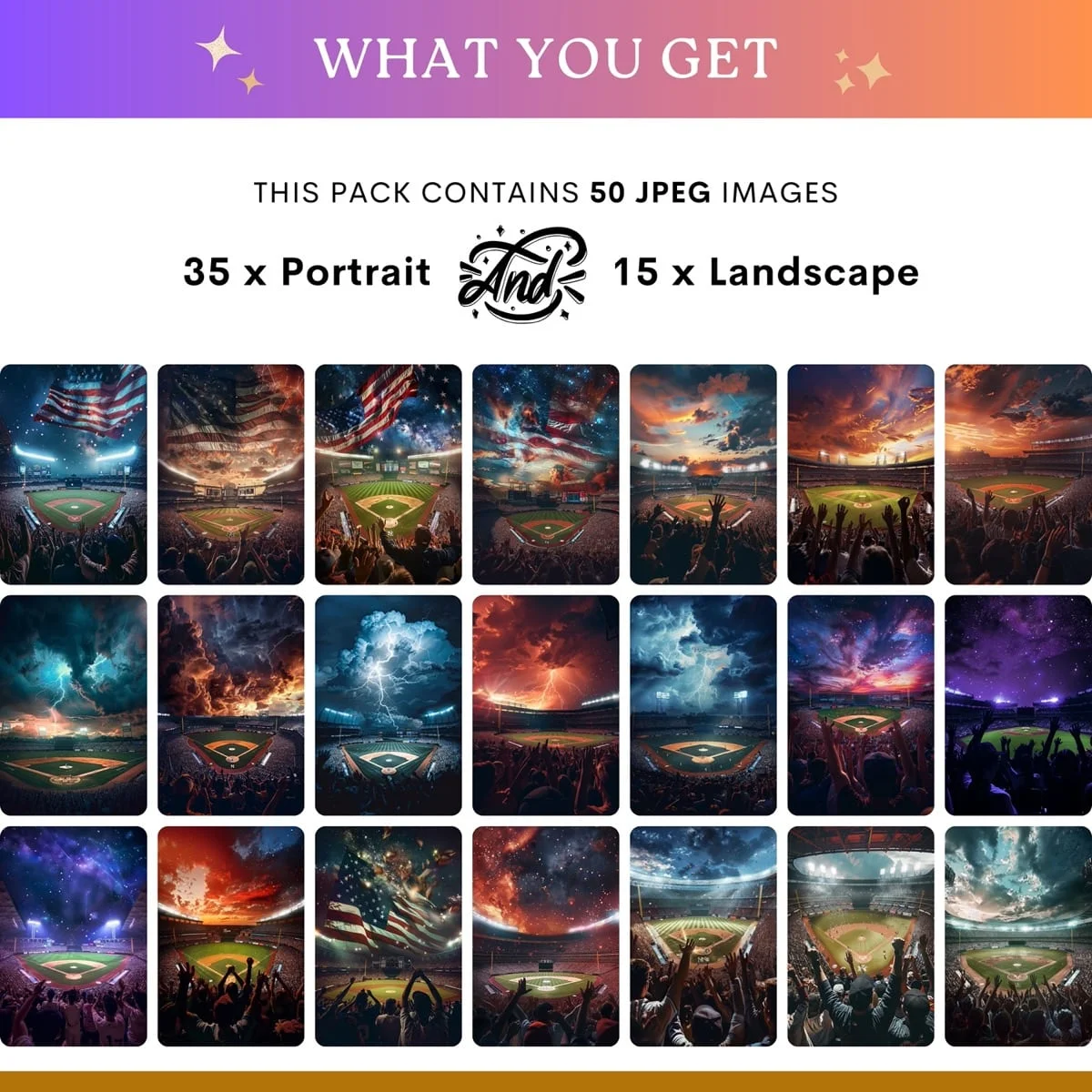 Baseball Backgrounds - Stadium Crowd - what's included: 50 high-resolution backgrounds