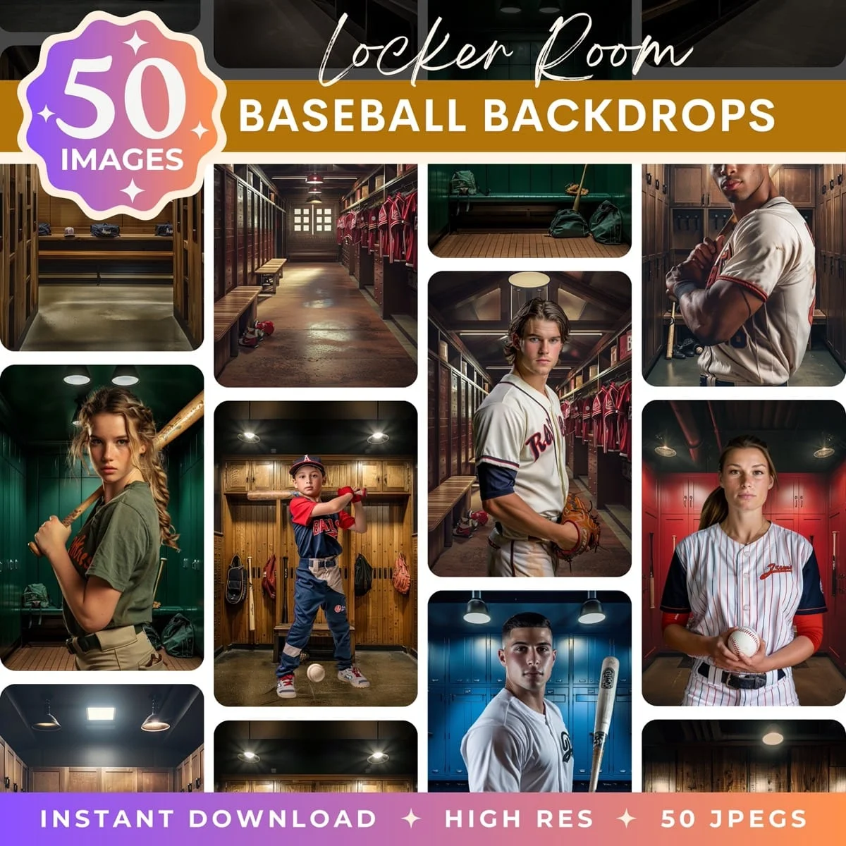 Baseball Backgrounds - Locker Room - pack overview with sample baseball backgrounds